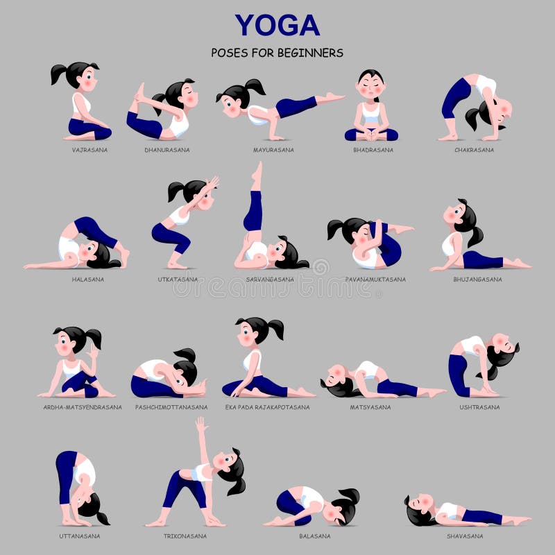 Fitness exercises with cartoon girl in blue and white suit isola vector illustration