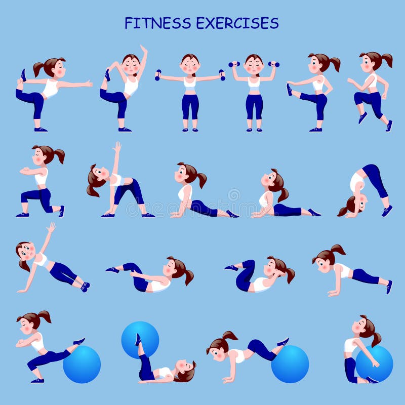 Fitness exercises with cartoon girl in blue and white suit royalty free illustration