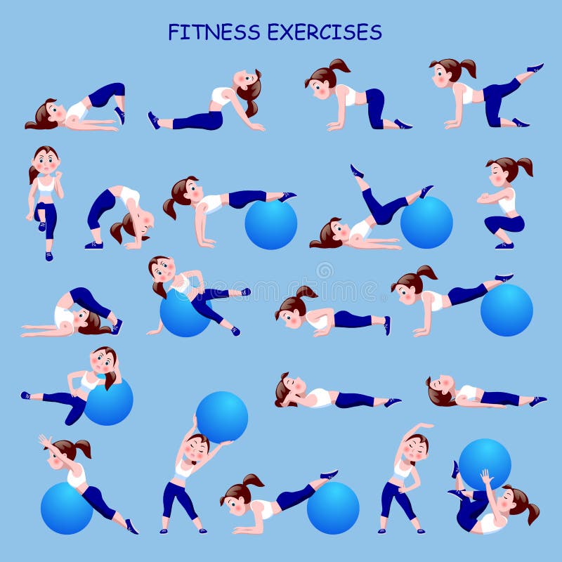 Fitness exercises with cartoon girl in blue and white suit vector illustration