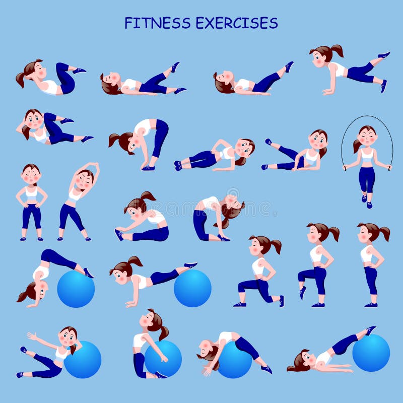 Fitness exercises with cartoon girl in blue and white suit stock illustration
