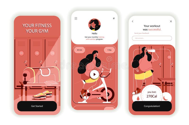 Fitness gym concept onboarding screens. UI, UX, GUI user interface kit vector illustration