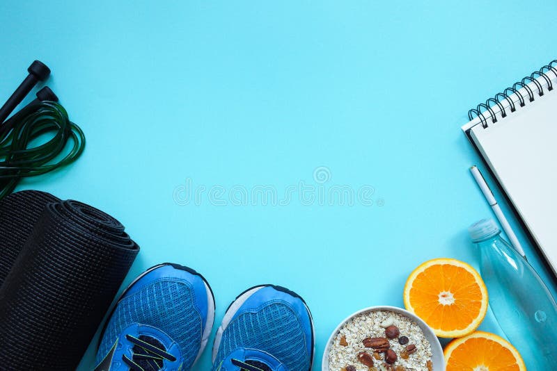 Fitness Gym Equipment on Blue Background with Free Copy Space. Stock Photo  - Image of background, health: 143448816