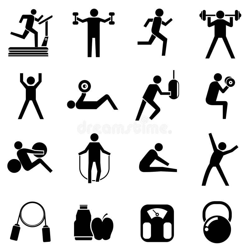 Fitness symbols. Sport exercise stylized people making exercises