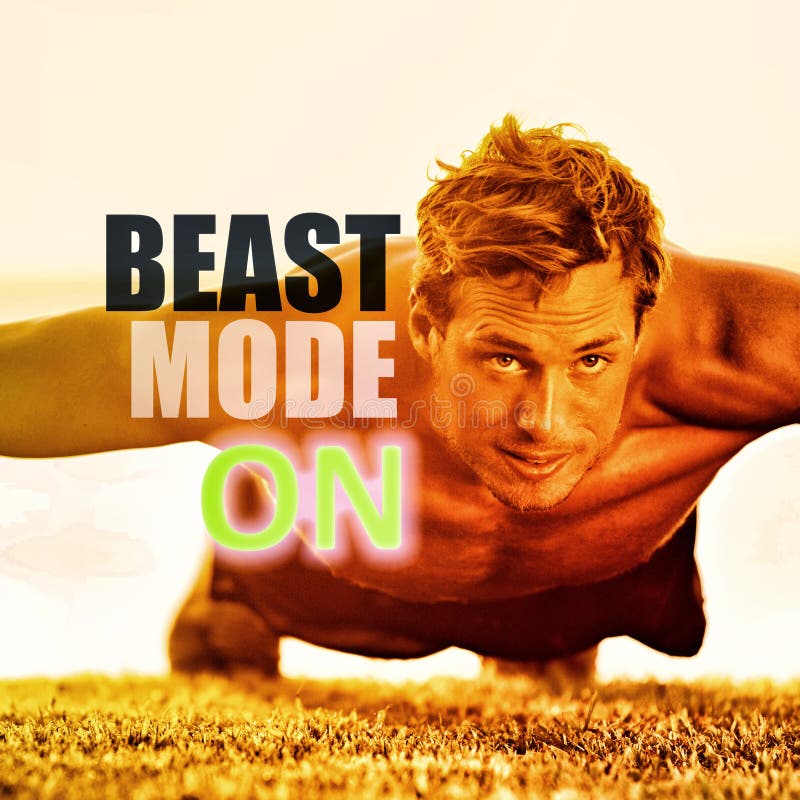 Fitness man working out exercise at gym inspirational quotes. BEAST MODE ON motivational quote written over athlete