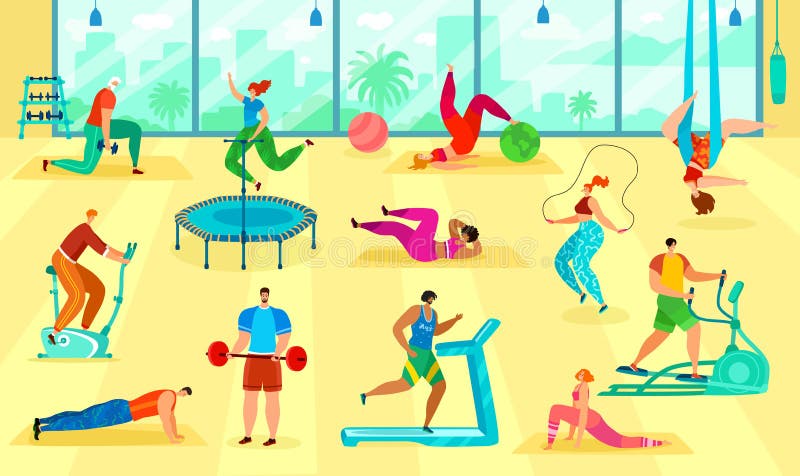 Fitness People Training Body In Gym Vector Illustration Set Cartoon