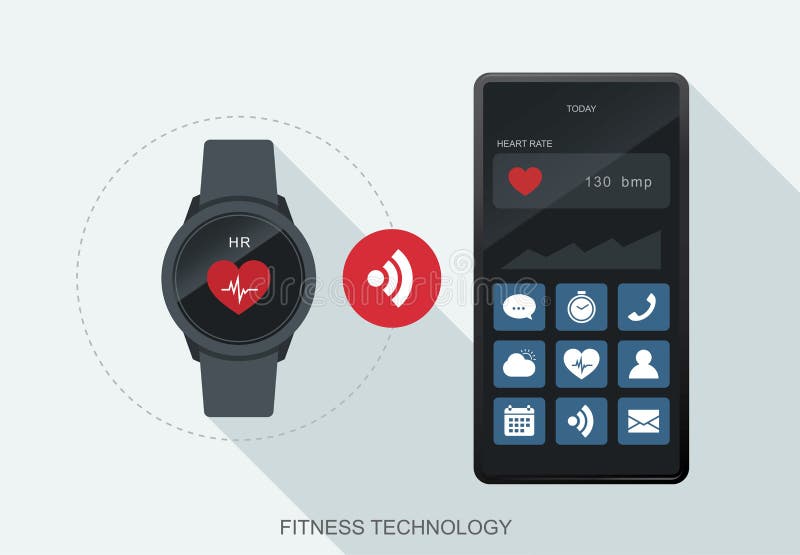 Fitness technology mobile data synchronize between smartwatch and smartphone royalty free illustration