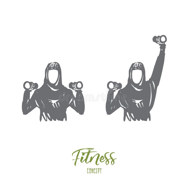 Fitness, training, sport, hijab, women concept. Hand drawn isolated vector.