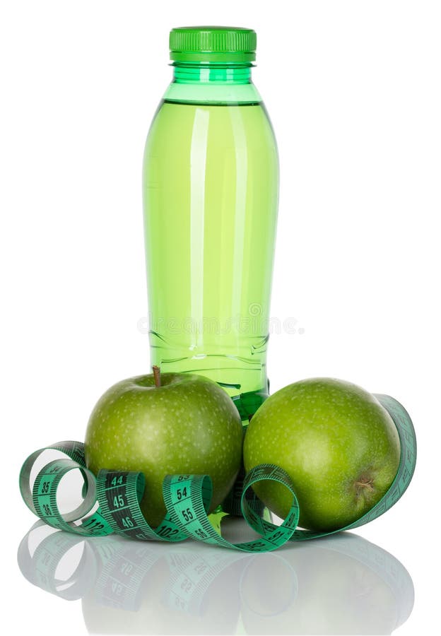 Fitness, weight loss concept with green apples, bottle of drinking water and tape measure isolated on white