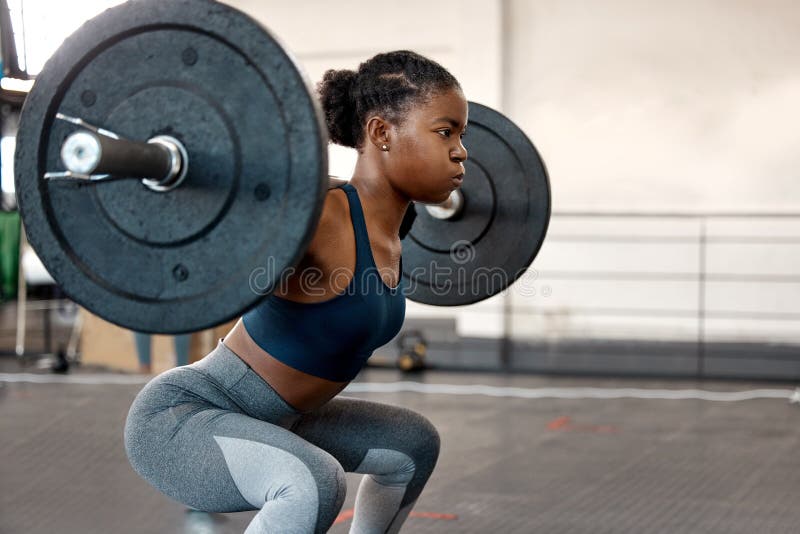 Papier Peint photo Lavable Gym exercise, barbell workout or black woman  doing muscle strength training, fitness or bodybuilding. Strong girl,  health lifestyle or powerlifting sports athlete, person or bodybuilder  weightlifting 