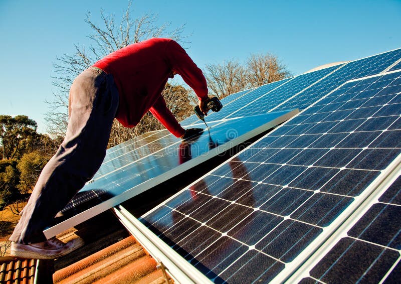 Fitting Solar Panels To Roof of House Stock Photo Image of power