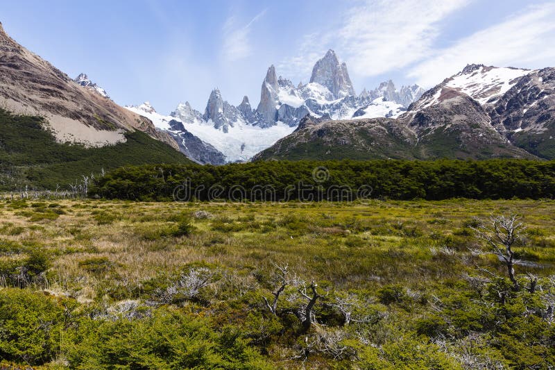 Fitz Roy with a field and surrounding mountains royalty free stock images Fitz Roy with a field and surrounding mountains royalty free stock images