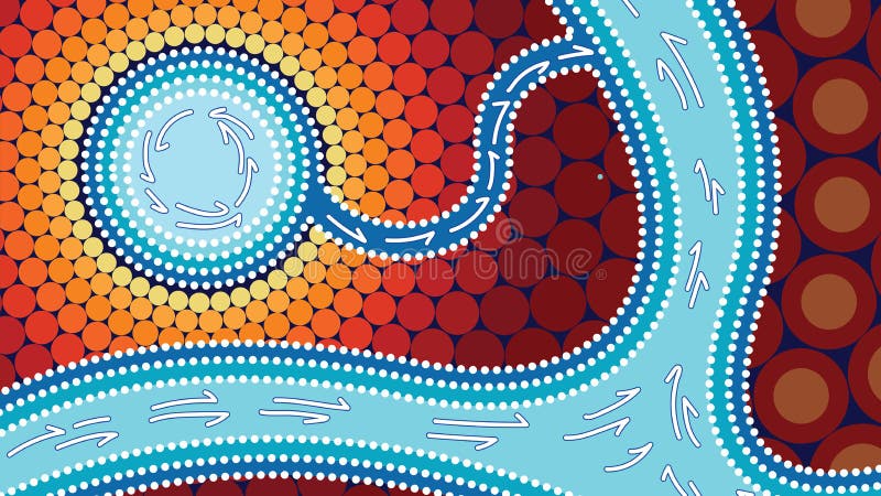 Fiume, concetto del collegamento, fondo aborigeno di vettore di arte con il fiume