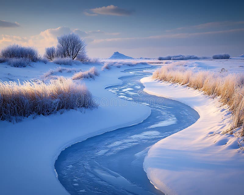 Fiume congelato scenico che avvolge un paesaggio innevato royalty illustrazione gratis