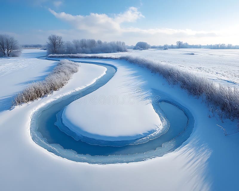 Fiume congelato scenico che avvolge un paesaggio innevato illustrazione vettoriale