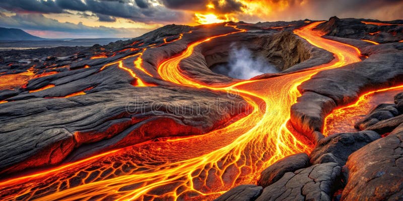 Fiume di roccia fuso che scorre attraverso il paesaggio vulcanico al tramonto. Generative AI. Un'arte digitale meravigliosamente artigianale di fiumi fluviali di roccia fuso che scorrono nel paesaggio vulcanico al tramonto.