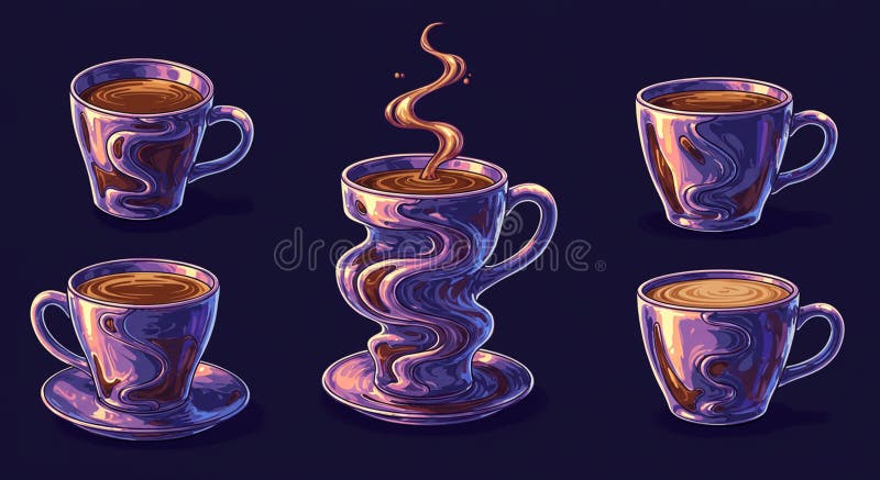 Five abstract, stylized coffee cups with swirled, fluid designs are displayed against a vector illustration