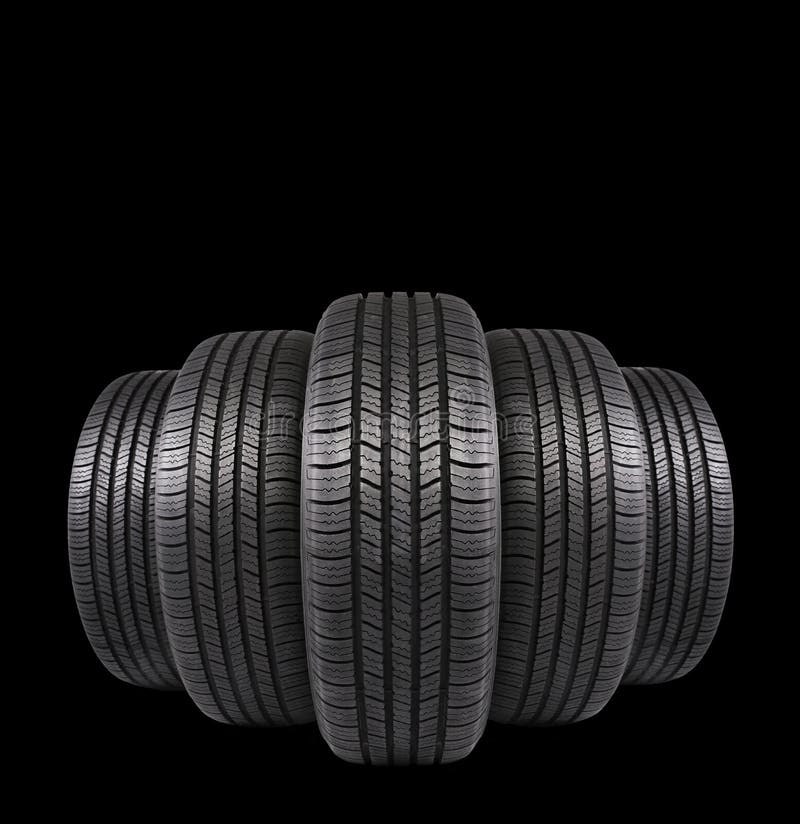 Five Automobile Black Rubber Tires Isolated On White Stock Image