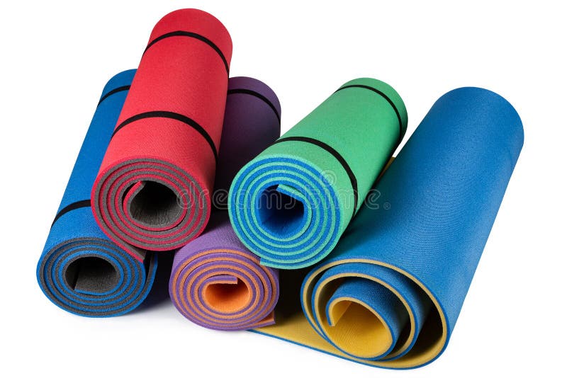Five Colored Sport Mats in Rolls, on a White Background, Karemat Stock