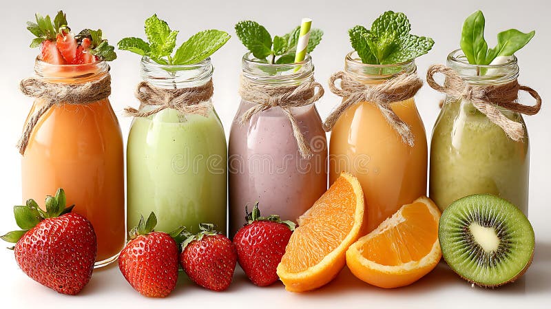 Five Colorful Fruit Smoothies in Glass Bottles with Fresh Fruit vector illustration