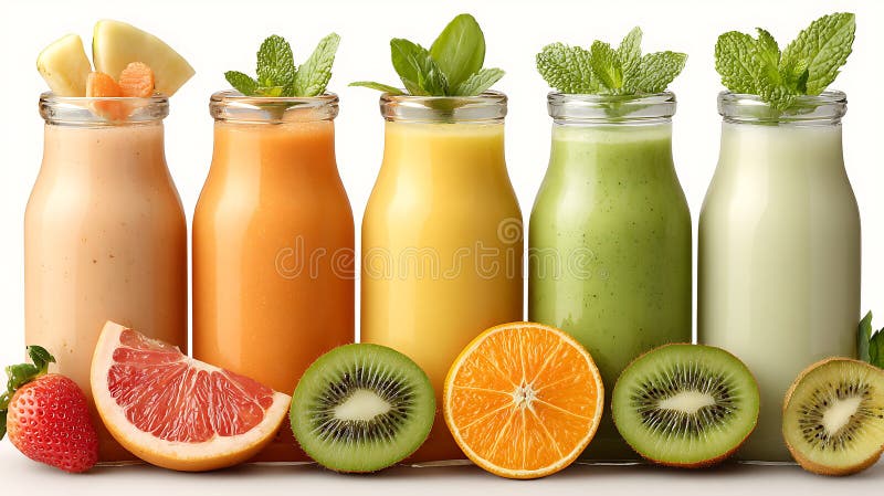 Five Colorful Fruit Smoothies in Glass Bottles with Fresh Fruit Garnish royalty free illustration