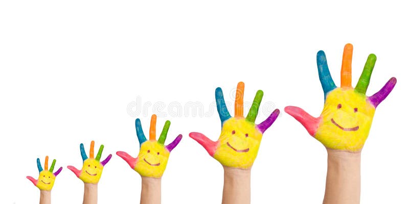 Five colorful hands with smile of big family, mother, father and children, situated as a graph of growth, ready for your logo. Isolated on white background