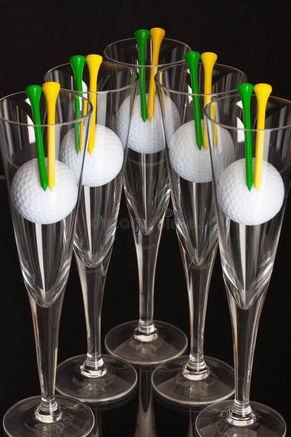 Five Glasses Of Champagne And Golf Balls Stock Photo Image of glossy