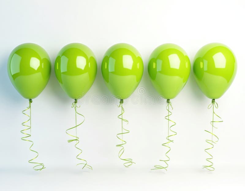 Five glossy green balloons with curly strings float in row, creating cheerful, vibrant atmosphere for celebrations. Shiny, round stock photos