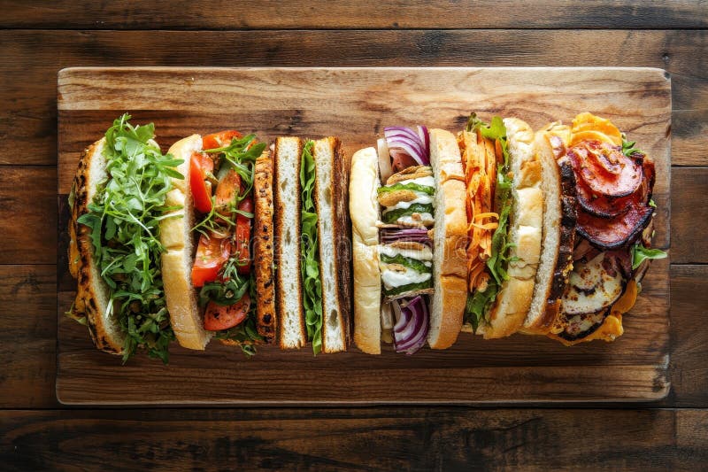 Five Gourmet Sandwiches on a Wooden Cutting Board stock illustration