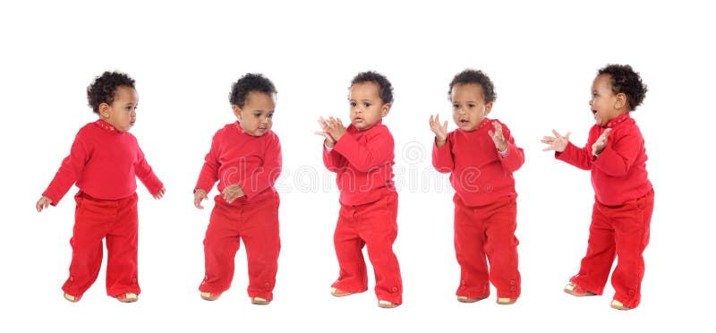 Five happy babies dancing and claping