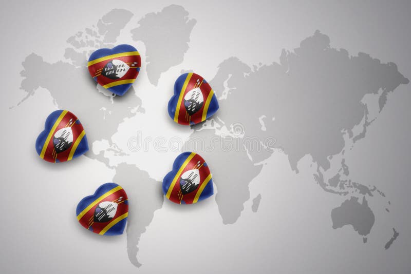 Five hearts with national flag of swaziland on a world map background. vector illustration Five hearts with national flag of swaziland on a world map background. vector illustration