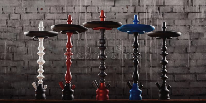 Five hookahs stand in a row against the wall