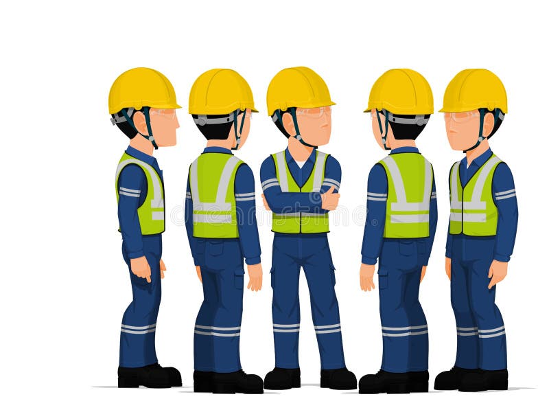 Five industrial worker have a meeting on white background
