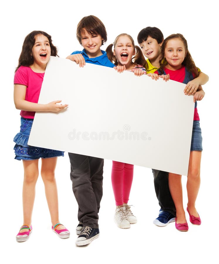 Five kids showing blank board royalty free stock photos