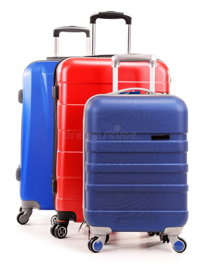 Five Plastic Suitcases Isolated on White Stock Image Image of