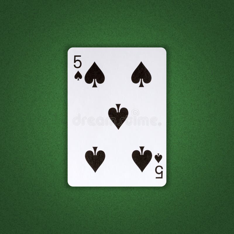 Five of Spades on a green poker background. Gamble. Playing cards stock photo
