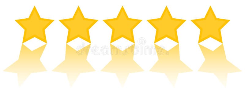 Five star rating, five golden stars with refleciton