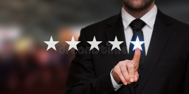 Five stars rating with a businessman touching screen, concept about positive customer feedback and review