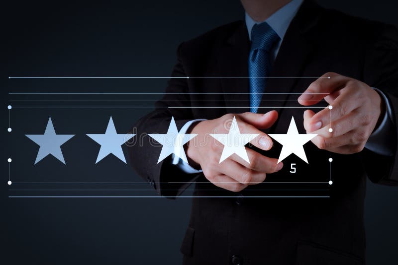 Five stars 5 rating with a businessman is touching virtual computer screen.For positive customer feedback and review with excellent performance.