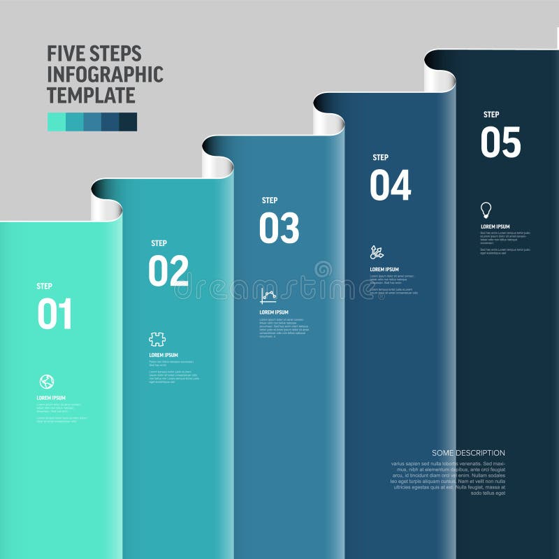 Five steps infographic template, perfect for presenting five steps processes or a timeline. Five steps infographic template with modern design and wavy elements suitable for various presentations. Wavy timeline vectors