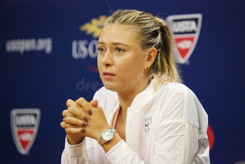 NEW YORK - AUGUST 30, 2015:Five times Grand Slam Champion Maria Sharapova during press conference before US Open 2015. Next day Maria withdraws from US Open with leg injury.