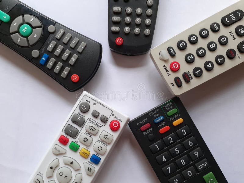 Five Tv Remotes on a White Background Stock Image Image of button