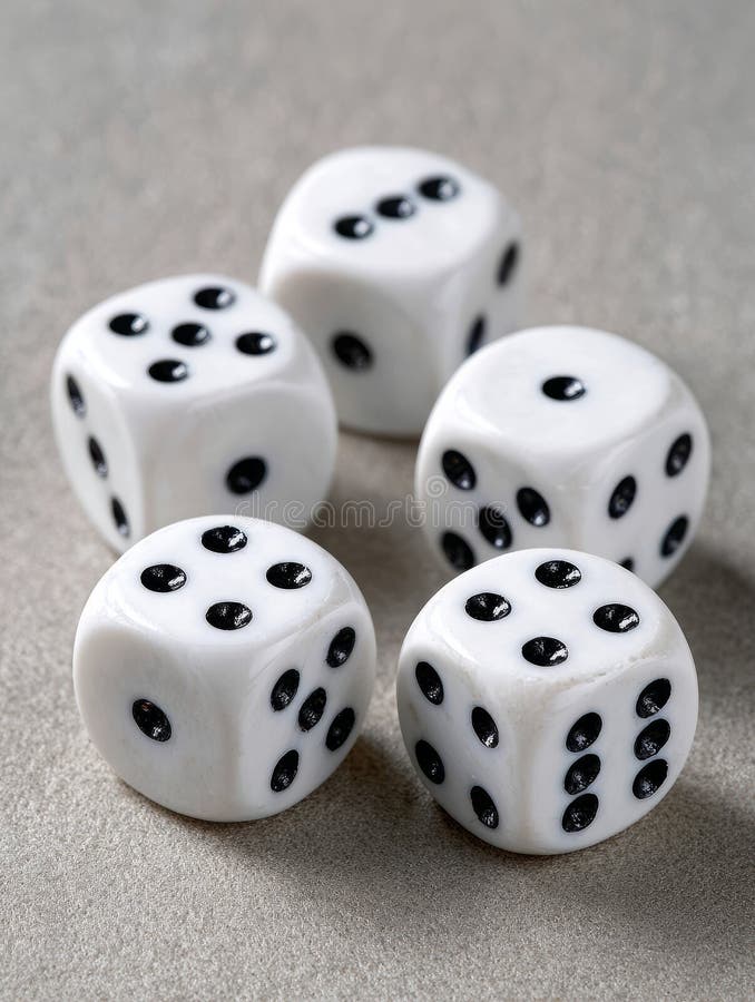 Five white dice with black dots on a textured surface. royalty free stock photos