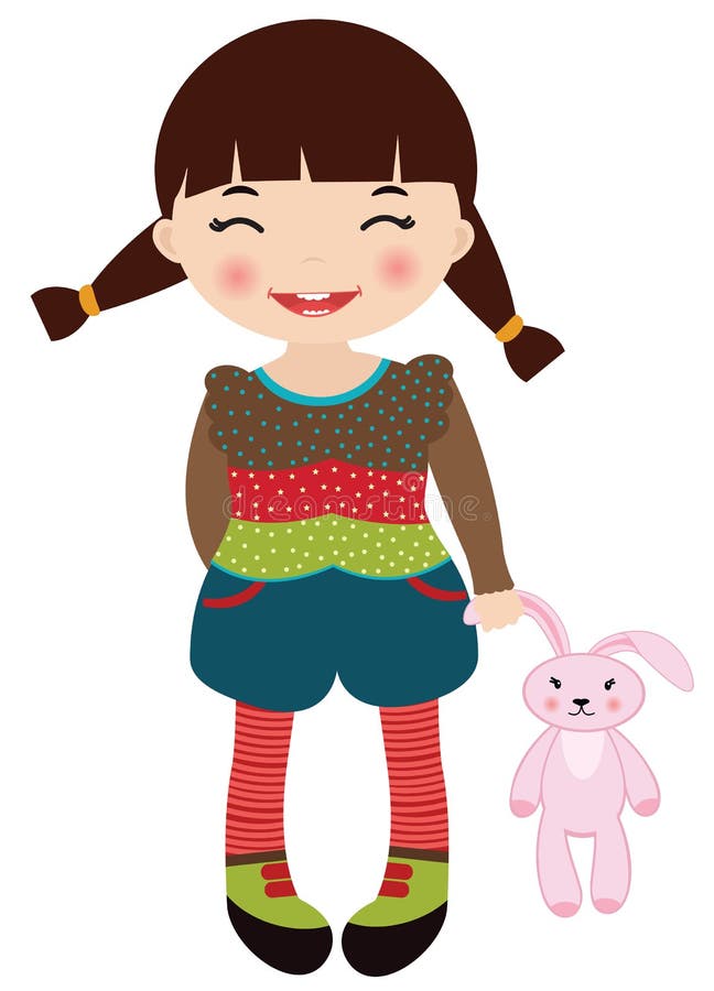 Fixation mignonne de petite fille son jouet rose de lapin illustration stock Fixation mignonne de petite fille son jouet rose de lapin illustration stock