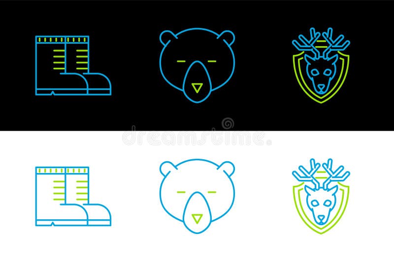Fixați capul căprioarelor cu coarne de cerb pe cizme de vânător de scuturi și pe pictograma cu urs. vector vector illustration