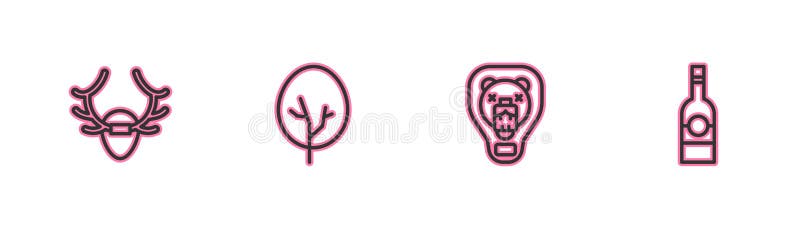Fixați coarne de cerb linie pe cap de urs de scut și pe pictograma vodcă. vector royalty free illustration