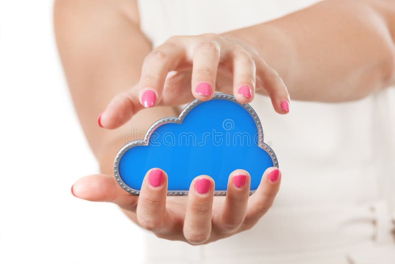 Fixez le concept de stockage en ligne Deux mains de femme protégeant le nuage photographie stock libre de droits Fixez le concept de stockage en ligne Deux mains de femme protégeant le nuage photographie stock libre de droits