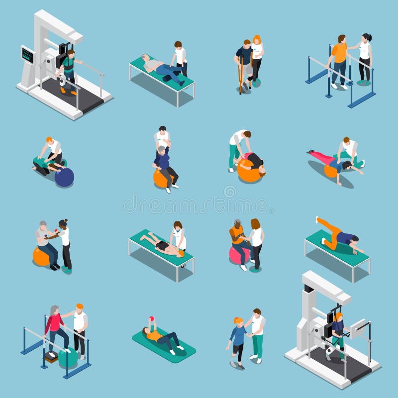 Fizjoterapii rehabilitaci ikony setu Isometric ludzie ilustracji Fizjoterapii rehabilitaci ikony setu Isometric ludzie ilustracji