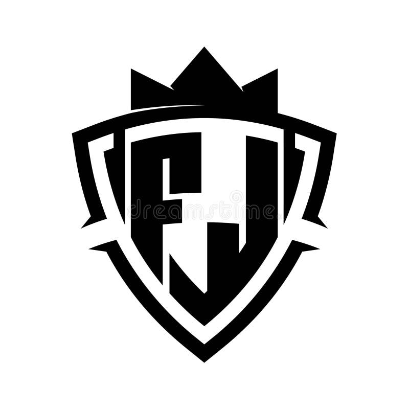 FJ Letter bold monogram triangle curve shield shape with crown black and white background color design stock illustration