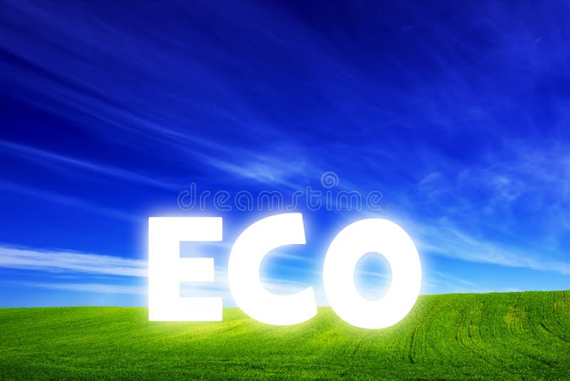 Fjädra fältet av nytt grönt gräs med den glödande Eco överskriften vektor illustrationer Fjädra fältet av nytt grönt gräs med den glödande Eco överskriften vektor illustrationer
