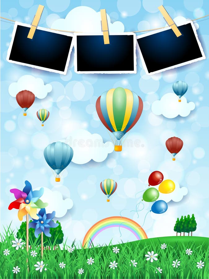 Fjädra landskapet med ballonger för varm luft, små solar och fotofram stock illustrationer Fjädra landskapet med ballonger för varm luft, små solar och fotofram stock illustrationer